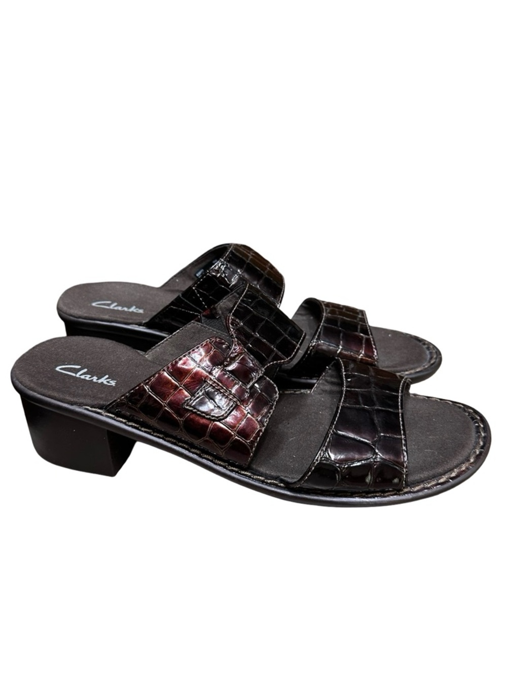 Clarks Brown Croc Print Strappy Sandal Size 9 Leather Block Heel Comfort Slip On